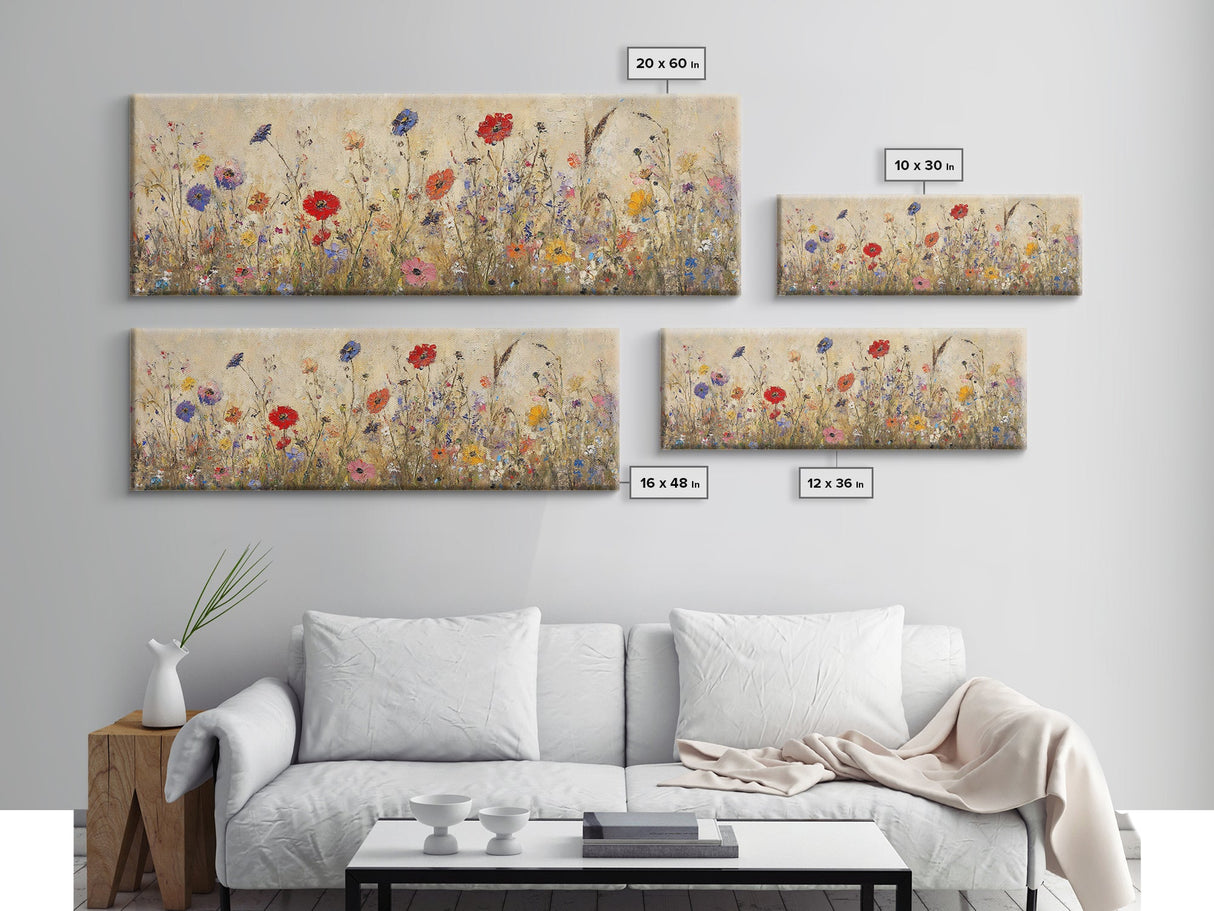 Field of Wildflowers, Spring Floral Decor, Oil Painting Canvas Print, Panoramic Art, Boho Floral Decor, Botanical Wall Art, Field of Flowers
