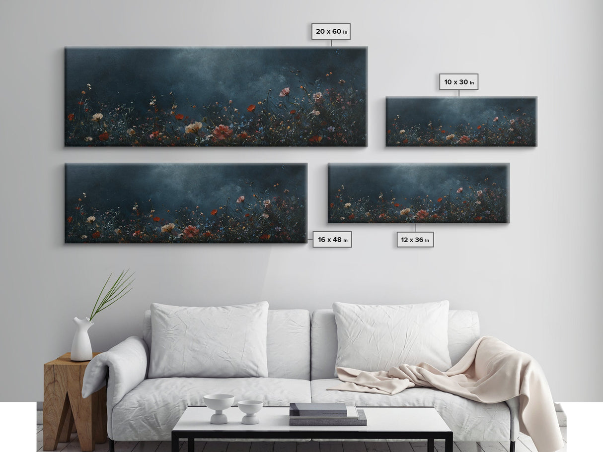 Dark & Moody Wild Flowers At Night, Framed Canvas Print, Panoramic Thought Provoking Wall Art, Above Bed Art, Dark Floral Painting