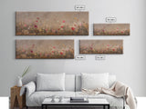 Wild Flowers On a Grey Background, Framed Canvas Print, Panoramic Oil Painting Print, Boho Farmhouse Decor, Modern Rustic Primitive Decor