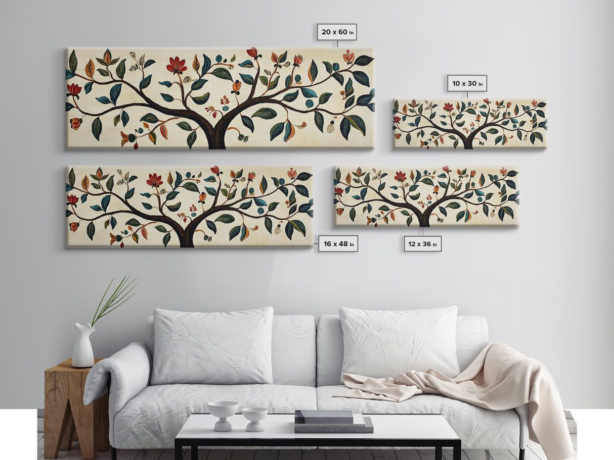 Wabi Sabi Inspired Botanical Print, Panoramic Canvas Art, Boho Style Textile Wall Art Print, Above Bed Or Sofa, Guest Room Decor