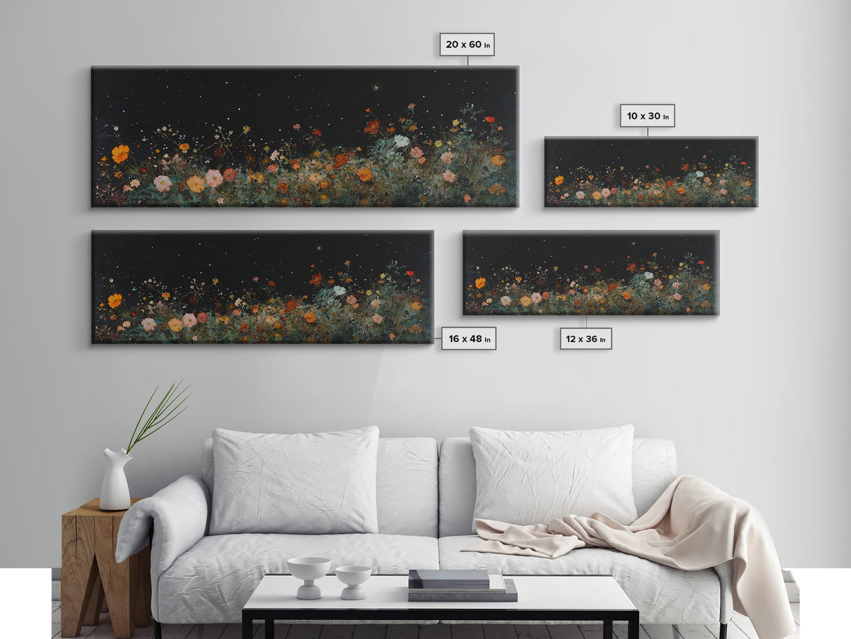 Field of Wildflowers Framed Wall Art Canvas Print, Vintage Botanical Landscape Art, Panoramic Print, Modern Farmhouse Art