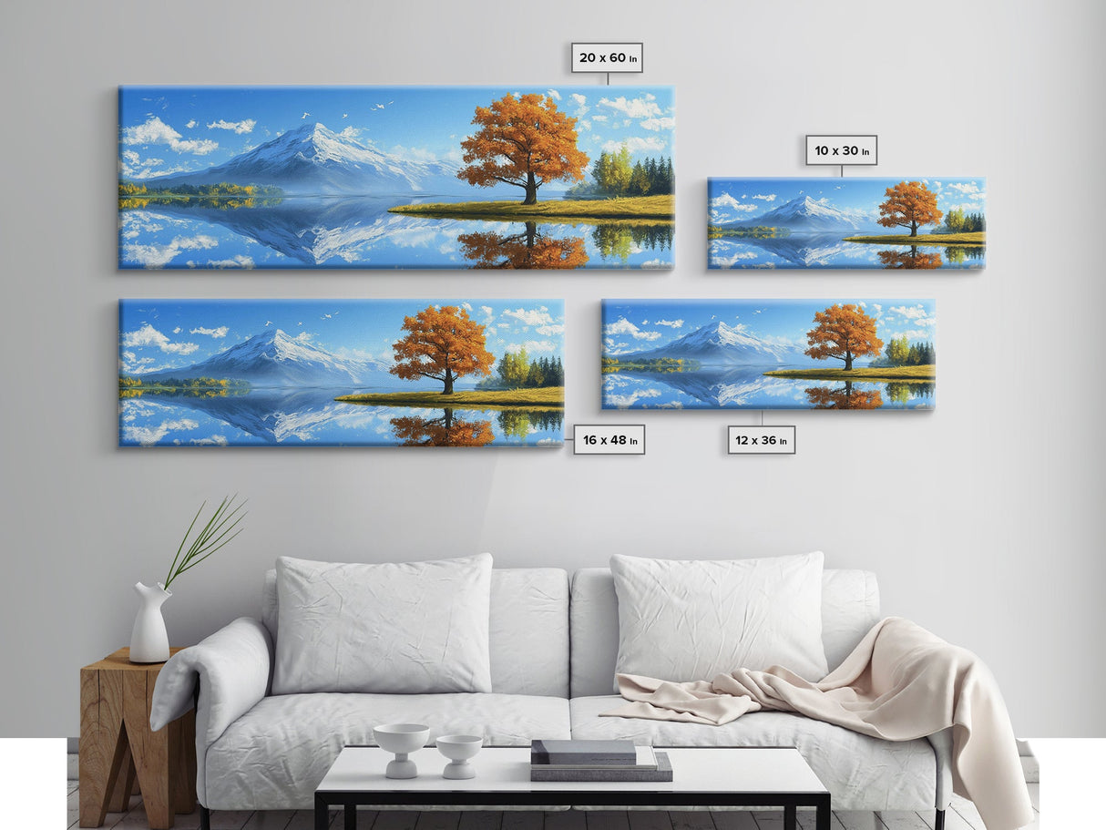 Large Framed Landscape Art | Reflections In The Lake | Panoramic Landscape Painting Framed Canvas Print | Canvas Wall Art