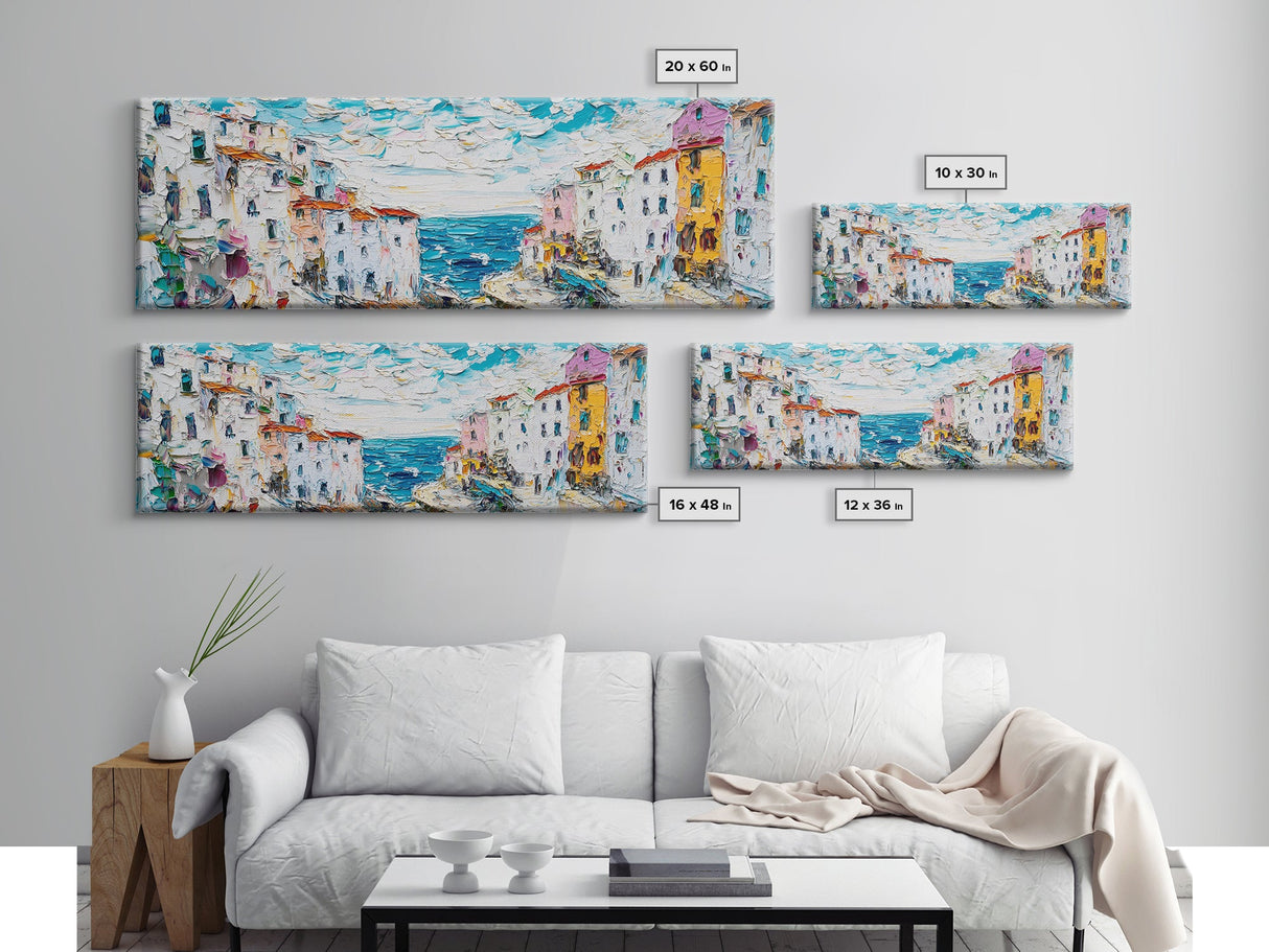 Italian Seaside Impasto Style Canvas Print, Retro Home Decor, Pastel Colors, Italy Wall Art, European Vacation Wall Art Gift