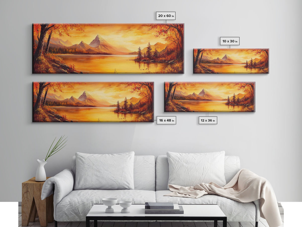 Golden Hour Over The Mountains, Sunset Landscape Painting Print, Wood Framed Artwork, Ultra Wide Panoramic Print