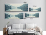 Reflections on an Overcast Day, Framed Canvas Print, Moody Decor, Foggy Landscape Painting, Panoramic Wall Art