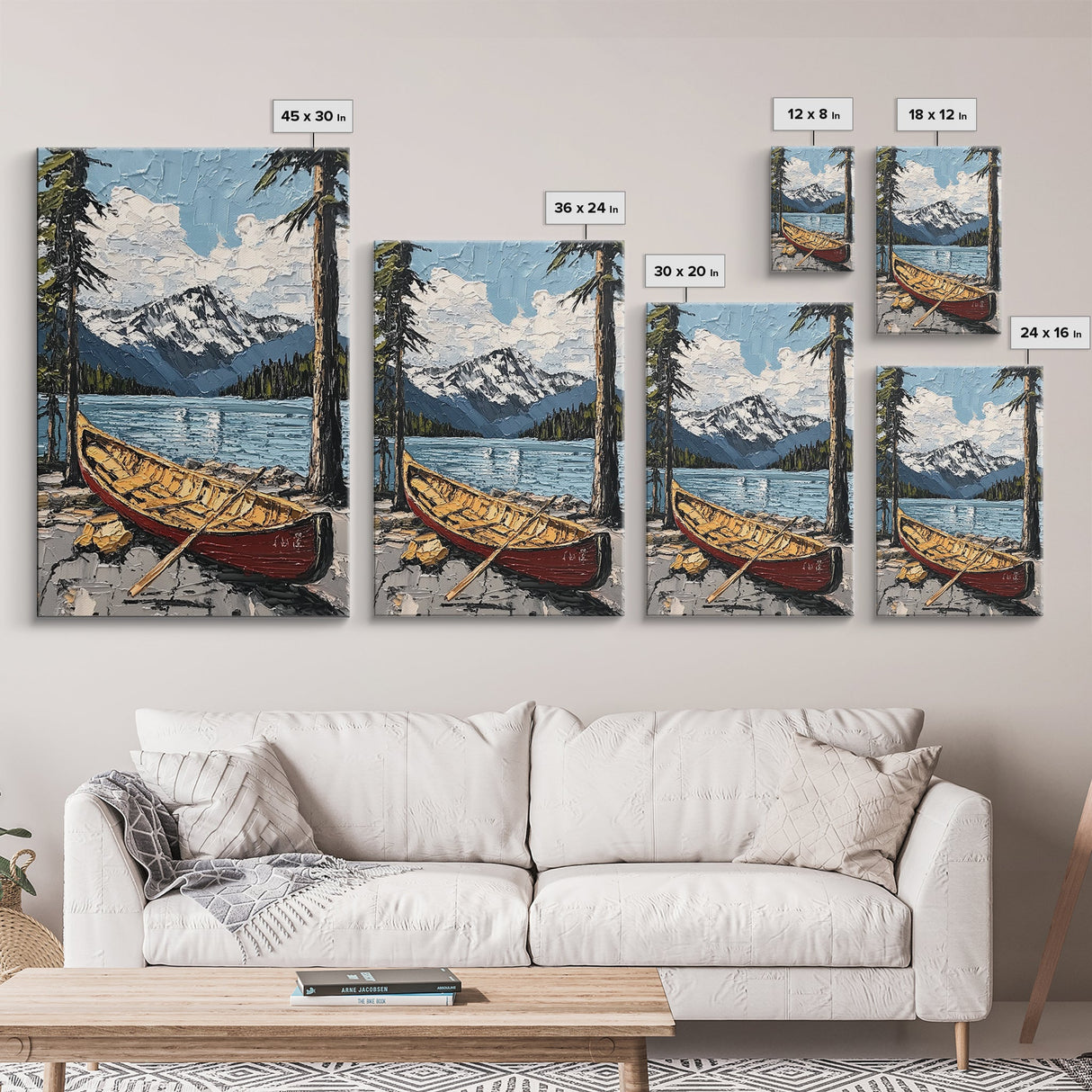 Canoe in the Mountains Framed Canvas Print, Abstract Pacific Northwest Oil Painting Print, Oregon or Washington Wall Art