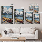 Canoe in the Mountains Framed Canvas Print, Abstract Pacific Northwest Oil Painting Print, Oregon or Washington Wall Art