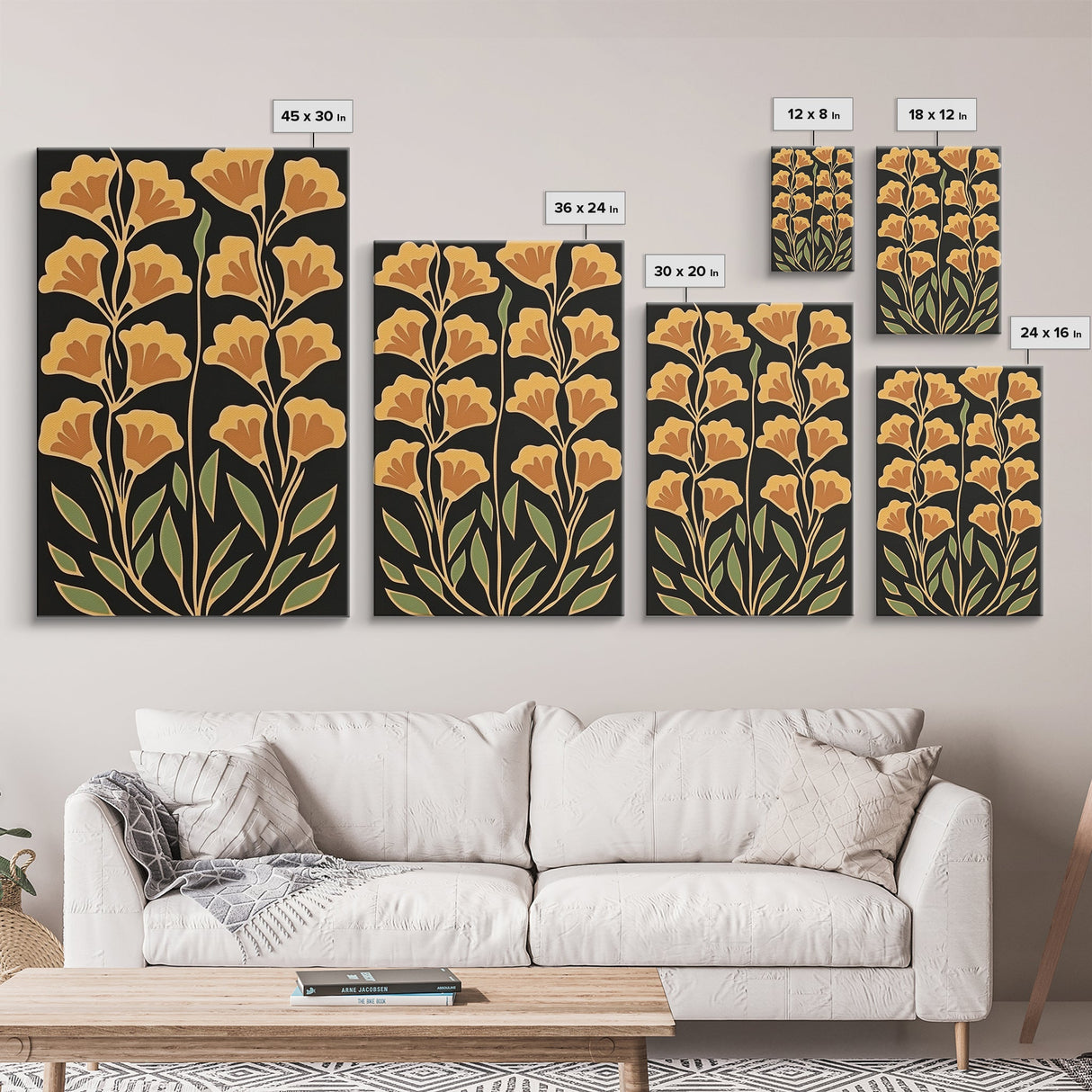 Abstract Flower Retro Painting Canvas Print, Large Wall Art, Original Minimalist Yellow Floral Art, Custom Painting Boho Wall Decor Living Room