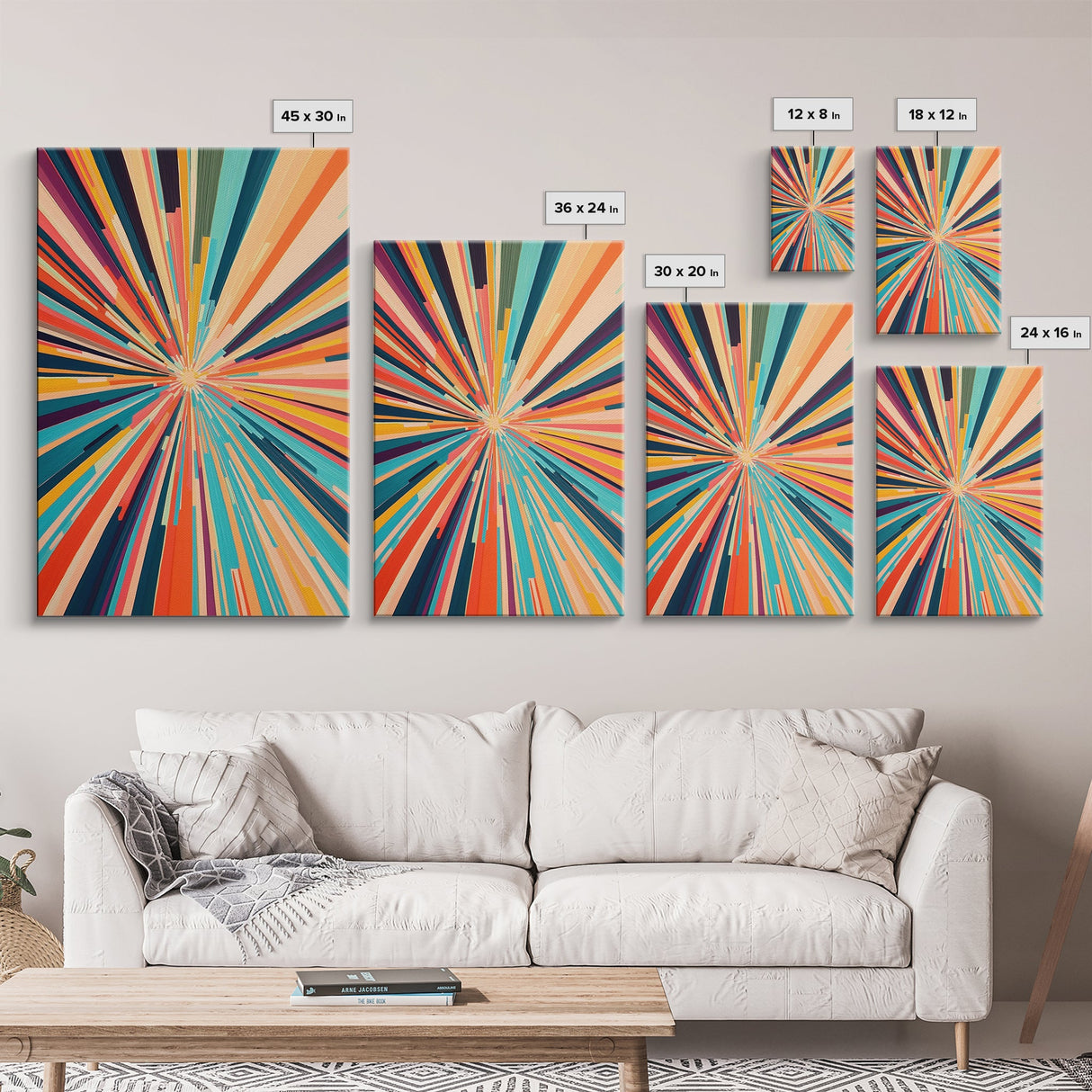 MCM Mid Century Modern Retro Canvas Print Modern Wall Art Narrow Vertical Geometric Home Decor Art in Teal, Coral Yellow