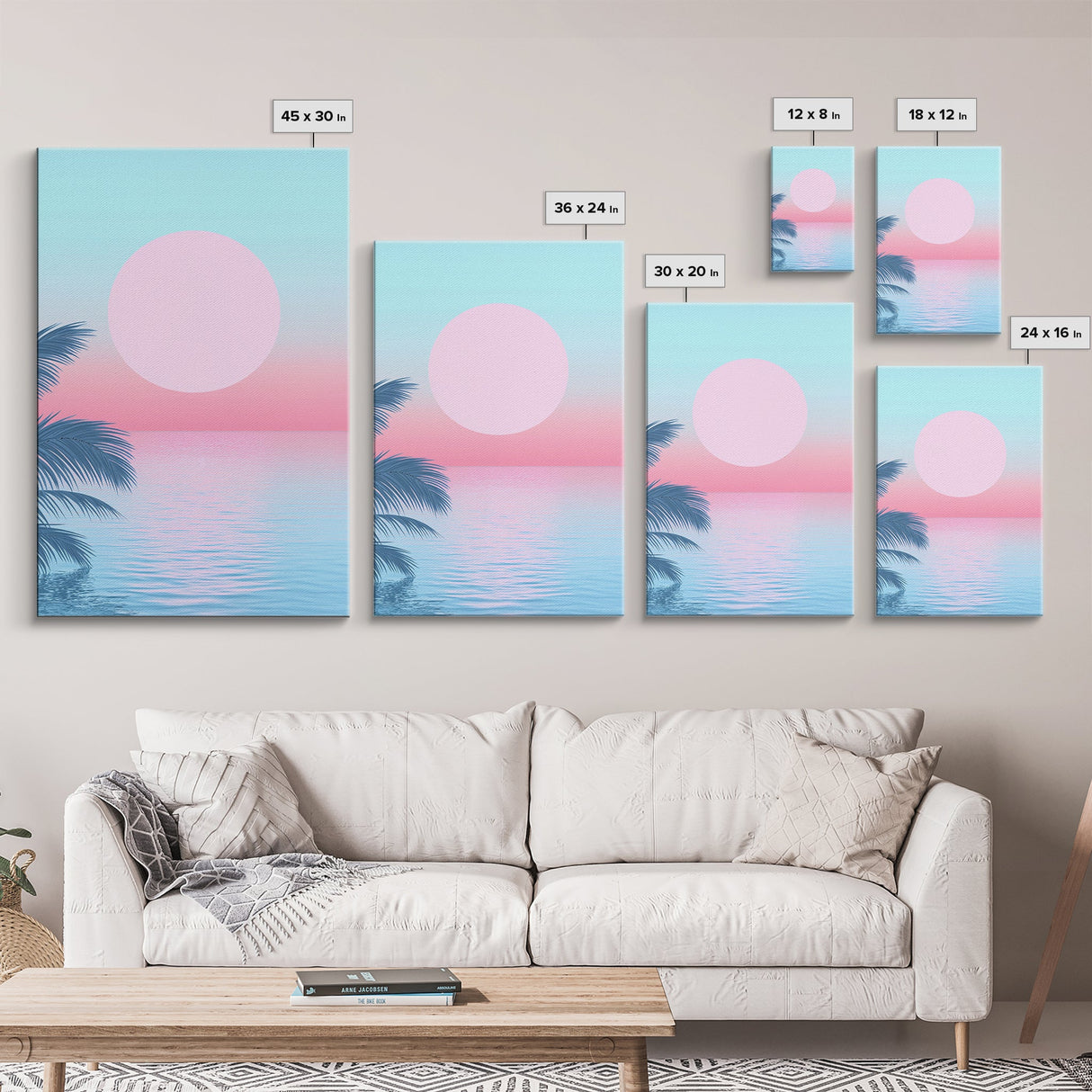 Vaporwave Sunset Framed Canvas Print with Wood Frame, Boho Style Minimalist Home Decor, Vertical Wall Art, Beach Painting