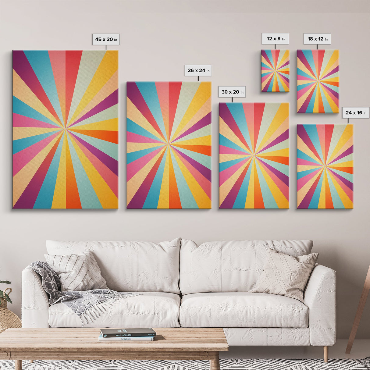 Quill Grey, Saffro Yellow, Rouge and Turquoise Mid Century Modern Wall Art, Star Burst Light Speed Tunnel, Boho Abstract Home Decor