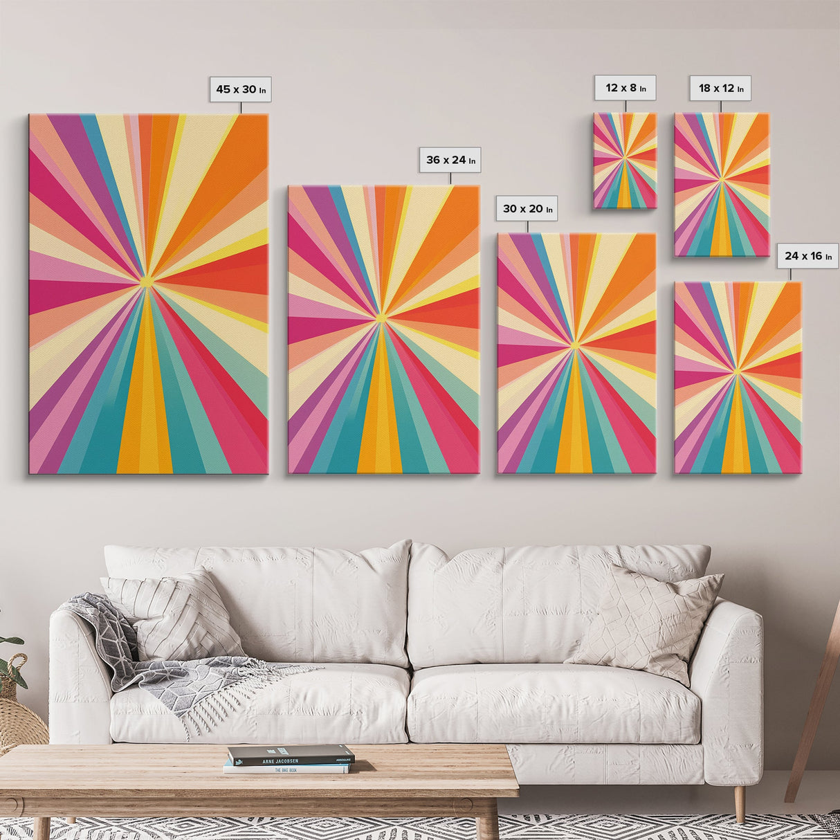 Tahiti Gold, Light Tan, Carmine Pink and Teal Wall Art, Framed Canvas Print, Beautiful MCM Inspired Boho Decor, Geometric Wall Art