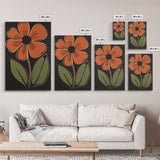 Mid Century Modern Floral Print, Orange Flower on Black Background, Framed Canvas Print