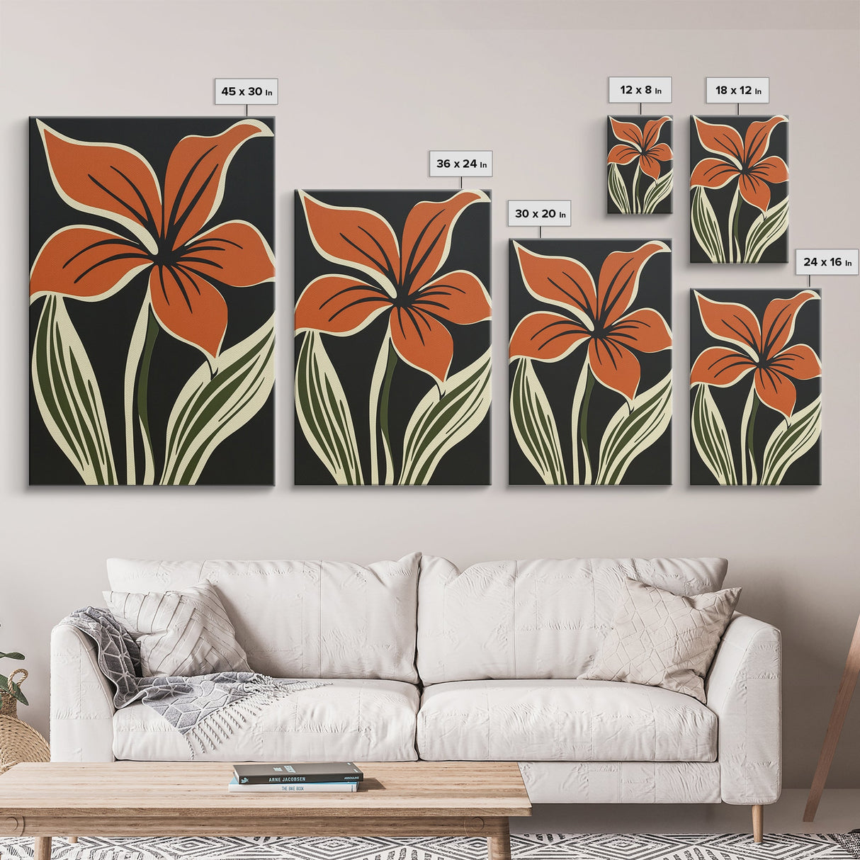 Orange Flower on Black Background, MCM Style Art, Framed Canvas Print
