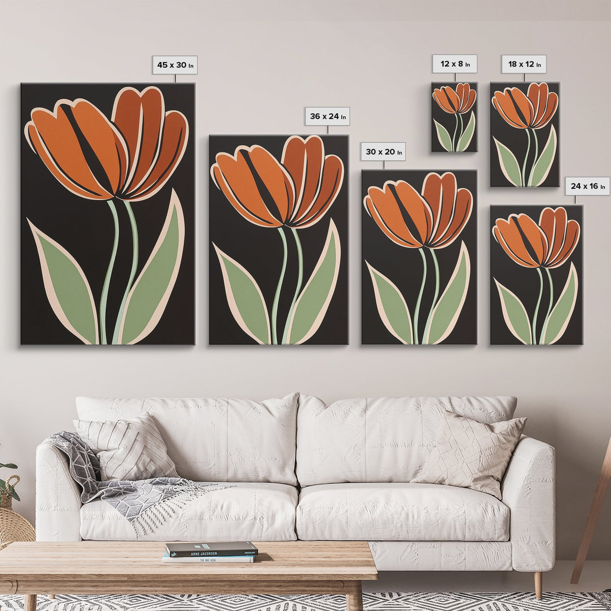 Orange Tulip  with Black Background, Framed Canvas Print, Cute Floral Print, Botanical Minimalist Home Decor