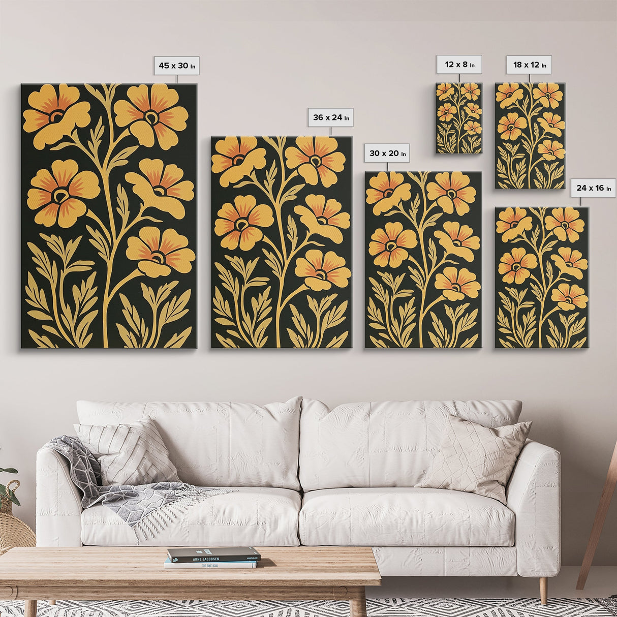 Framed Canvas Wall Art Botanical Print, Yellow Flowers on Black background, Wildflowers, Botanical Floral Modern Art, Boho Decor