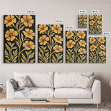 Framed Canvas Wall Art Botanical Print, Yellow Flowers on Black background, Wildflowers, Botanical Floral Modern Art, Boho Decor