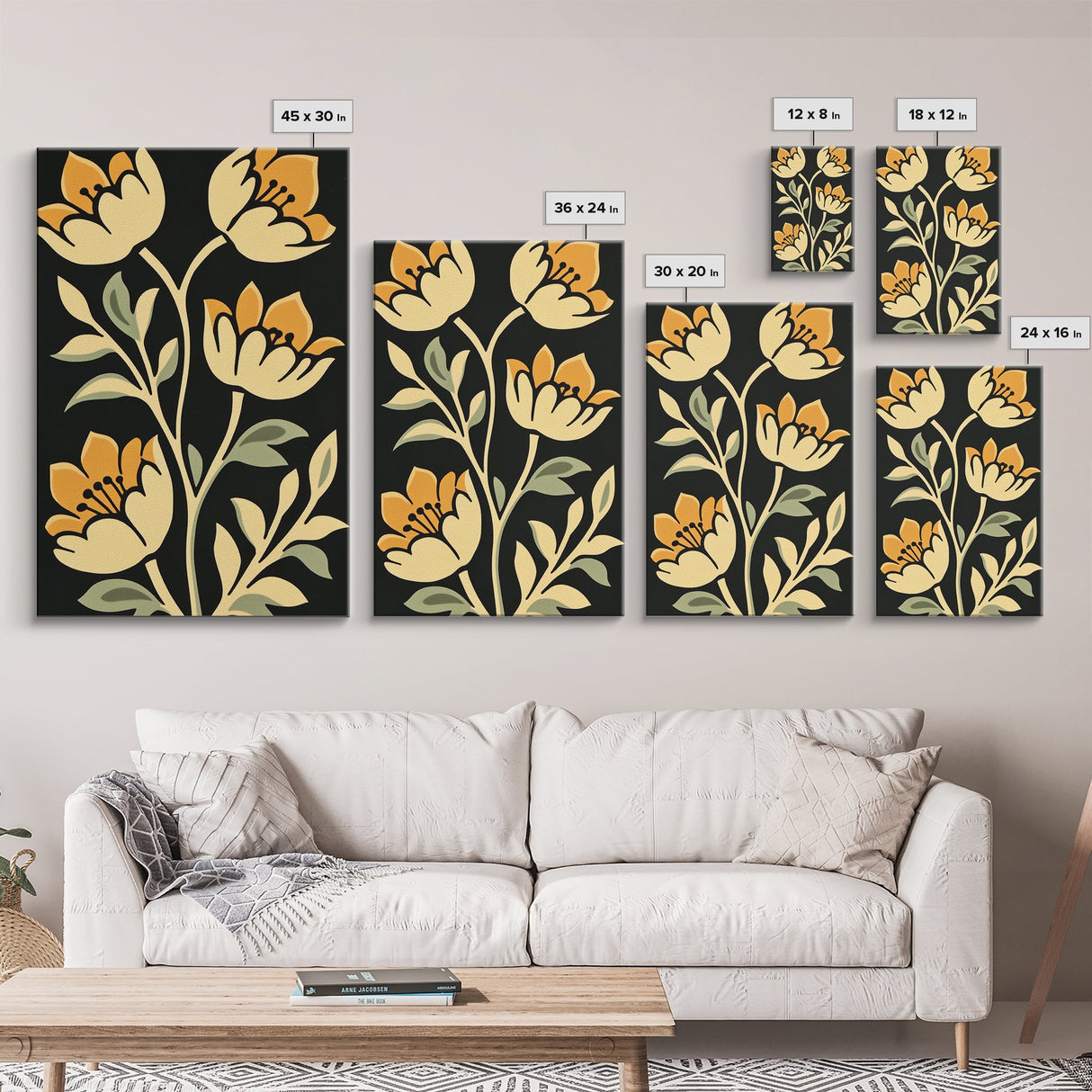 Floral Framed Canvas Wall Art Flower Print, Wood Framed Boho Modern Wall Art Boho Wall Decor Living Room Wall Art