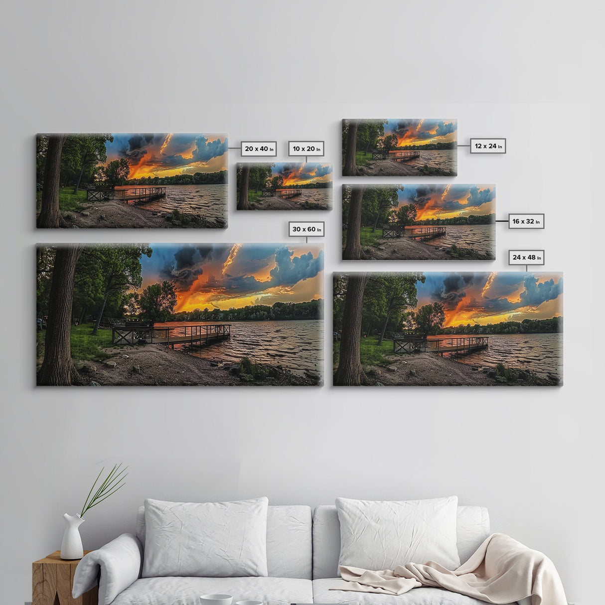 Sunset At The Lake Framed Canvas Print, Lakehouse Decor, Rustic Modern Farmhouse Wall Art, Photography Style Landscape Art