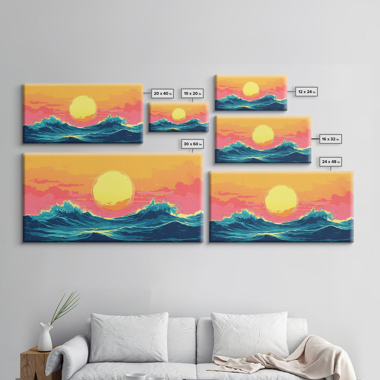 Synthwave Sunset Over Ocean Waves, Framed Canvas Print, Retro 80s Inspired Home Decor Wall Art