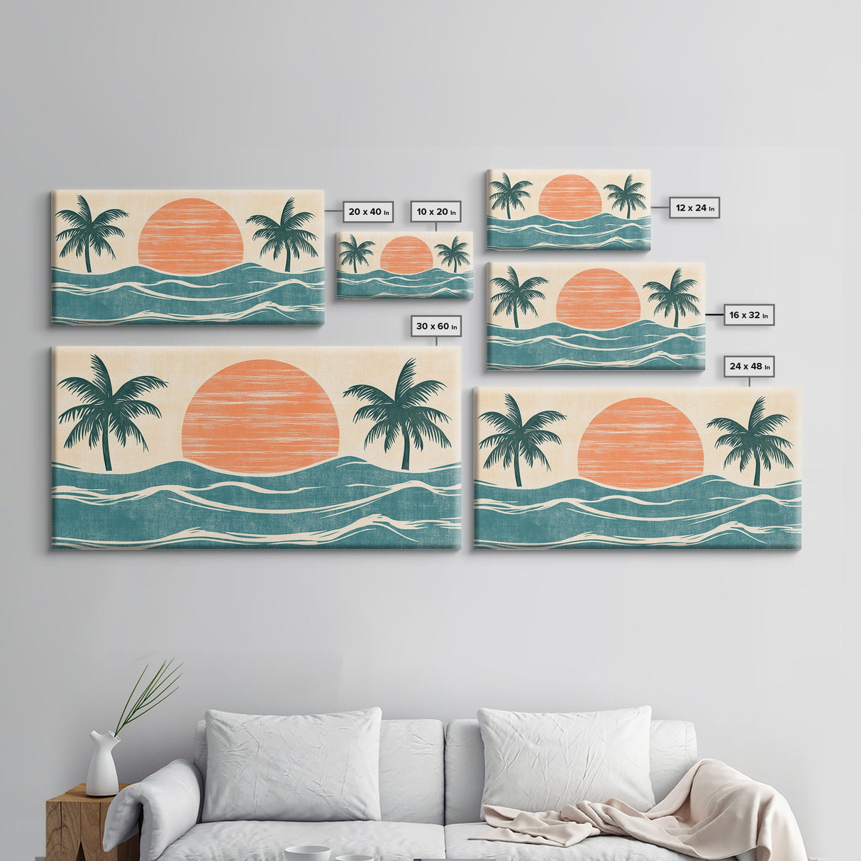 Japanese Wood Block Print Style Sunset and Palm Trees, Framed Canvas Print, Boho Style, Minimalist home Decor