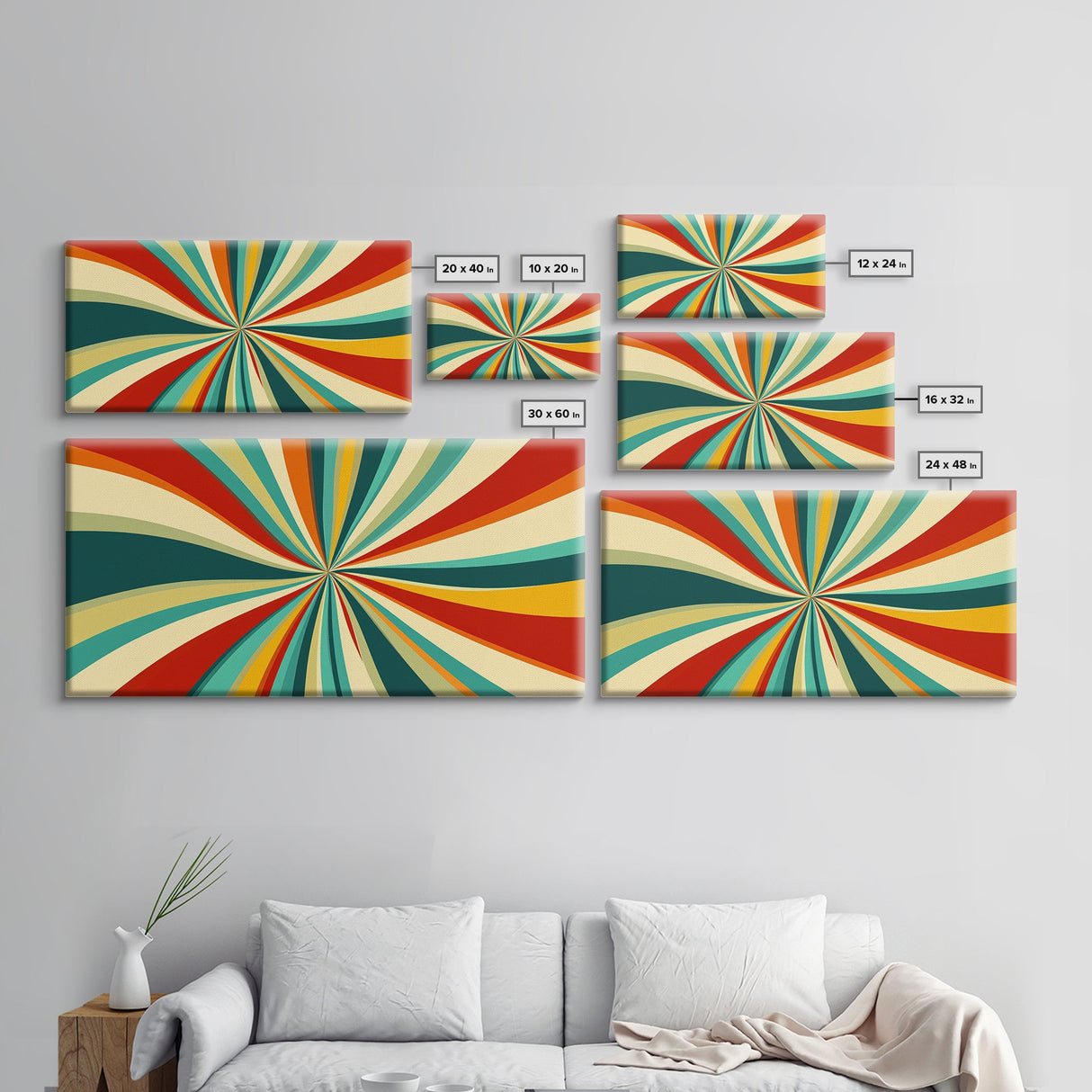 Horizontal Vertical Wall Art Framed Canvas Print, Mid-Century Modern Abstract Spiral Art, Retro Minimalist Pastel Wall Art