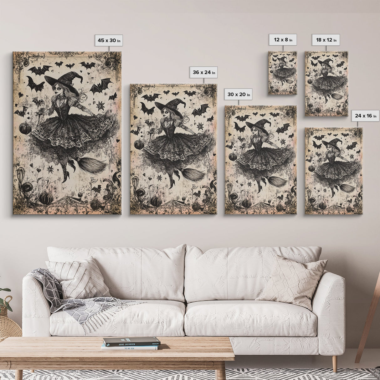 Spooky Season Halloween Witch, Witchy Decor Canvas Print, Black and White Witch Painting Print, Charcoal Sketch Of a Witch