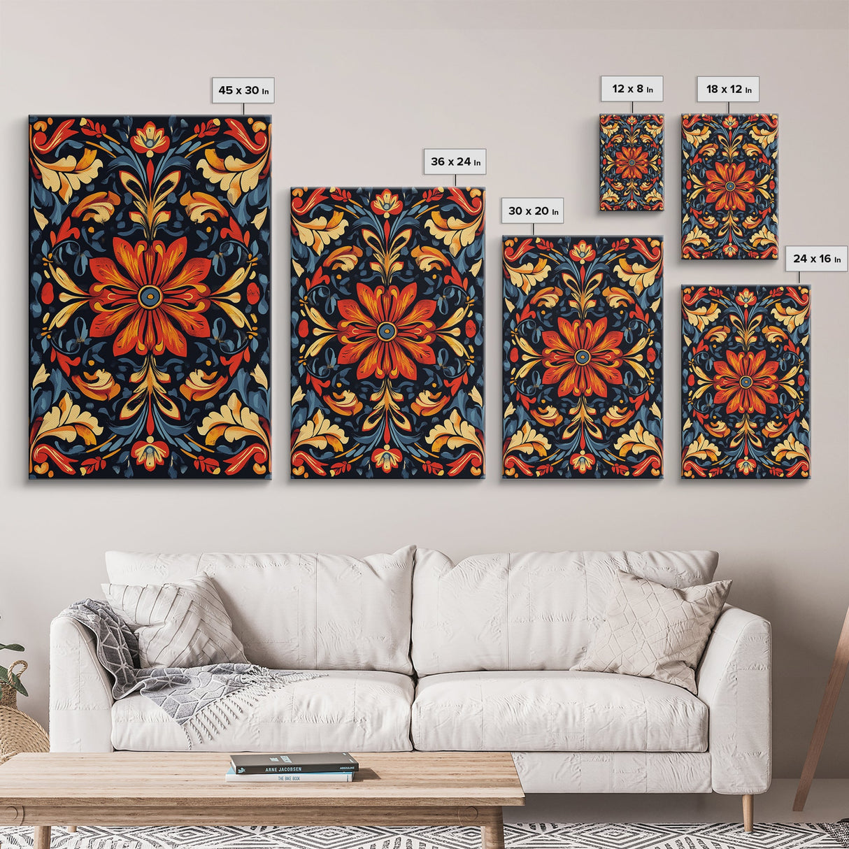 Botanical Floral Tile Pattern Framed Canvas Print, Southwestern Decor, Modern Farmhouse, Pueblo Style Art, Mexicano Chicano Art