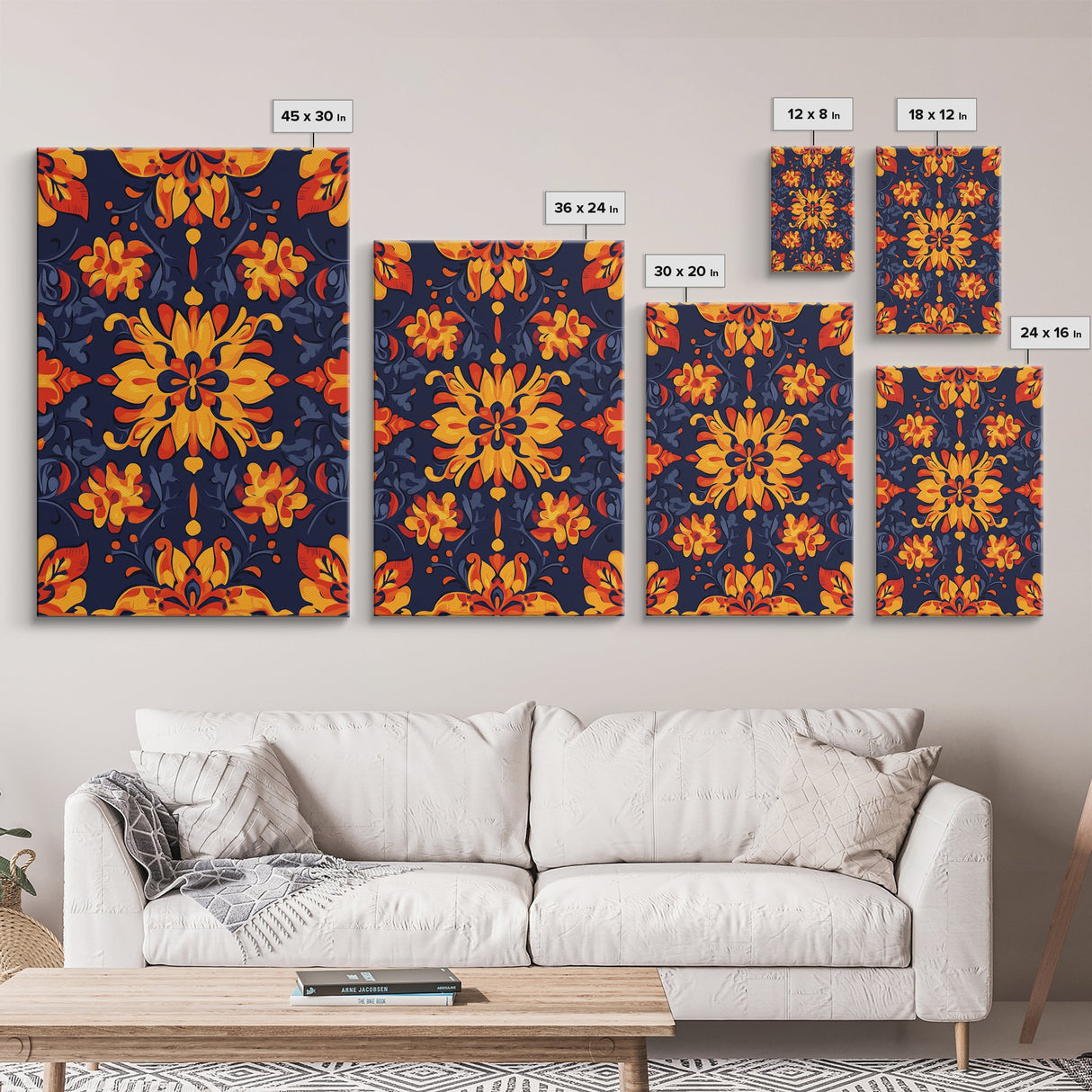 Botanical Pattern Wall Art Framed Canvas Print, Wood Framed Art, Mexicano Art, Mexican Tile Print Wall Art, Chicano Farmhouse Art