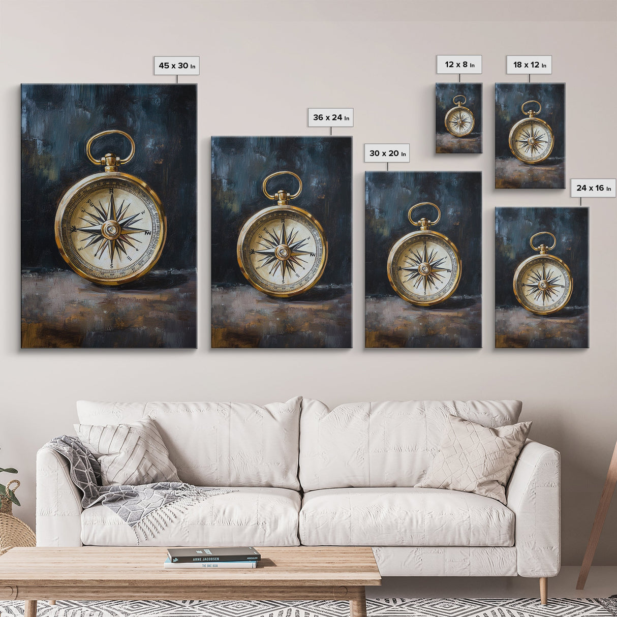 Weathered Compass Wall Art, Nautical Coastal Home Decor Wall Art Framed Canvas Print, Rustic Seaside Accent Piece, Statement Piece, Rustic Decor