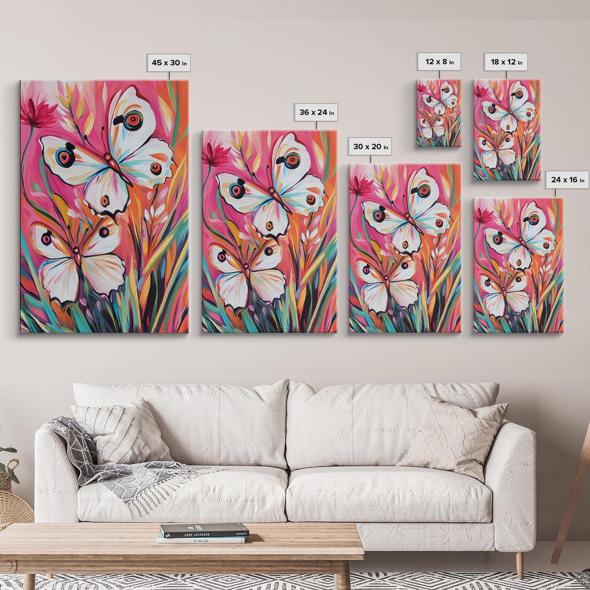 Abstract Painting Print of White Butterflies on Pink Background, Home Decor, Preppty Wall Art, Framed Canvas Print