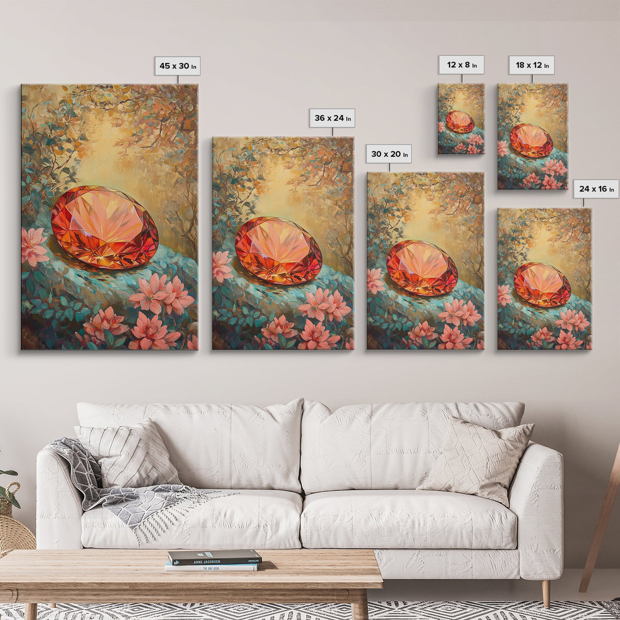 Gemstone Painting Print, Framed Canvas Print, Gemstones Wall Art, Precious Stone Painting, Red Gem, Ruby Painting, Antique Minerals Art