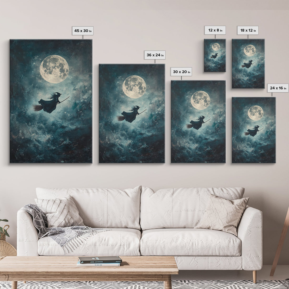 Witchy Decor, Witch Wall Art, Witch Riding a Broom Under a Full Moon, Witch Painting, Framed Canvas Print, Witchy Wall Art, Halloween Decor
