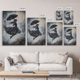 Witch Flying with an Umbrella, Framed Canvas Print, Witchy Decor, Halloween Wall Art, Goth Art, Dark Academia