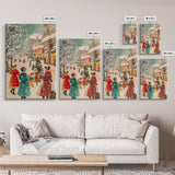Winter Wall Art Christmas Canvas Print - 1950s Style Post Card Art - Christmas Decor - Christmas Shoppers In The Streets - Christmas Village Art