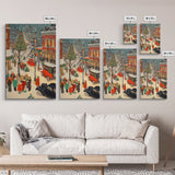Christmas Village Home Decor - Framed Canvas Print - Retro Christmas Village Painting - Christmas Shoppers Painting - Retro Christmas Decor