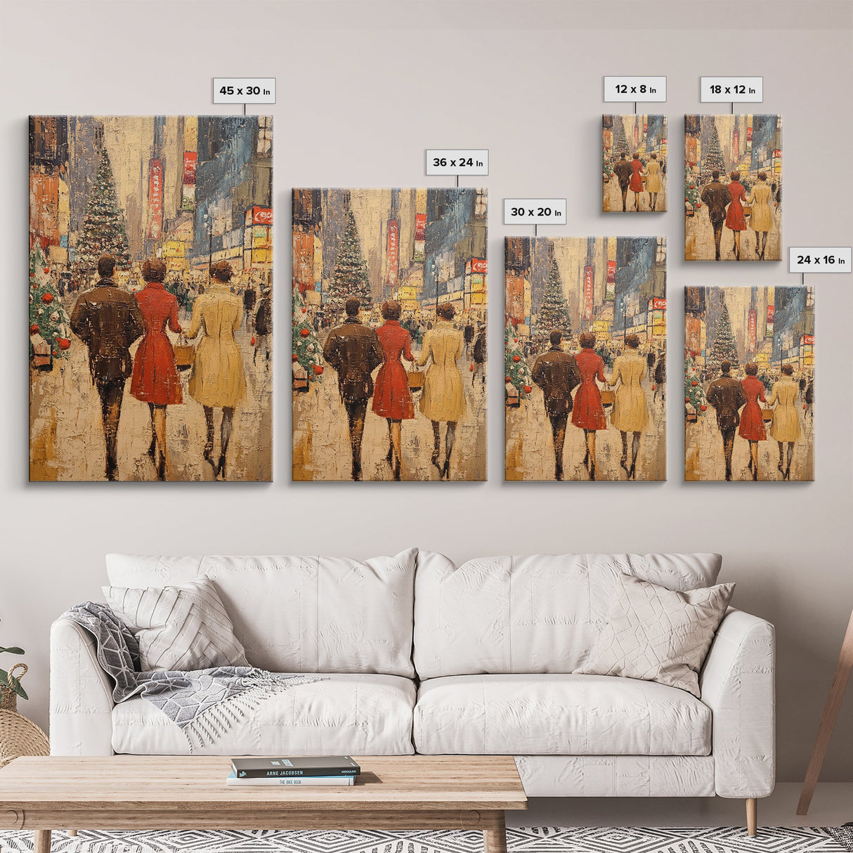 Retro Christmas Town Scene with Shoppers Walking The Streets, Framed Canvas print, Holiday Street Decor, Framed Canvas Winter Wall Art