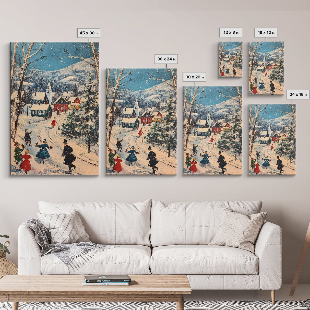 Ice Skating in The Streets on Christmas Morning Framed Canvas Print - Retro Christmas Village Wall Art - Christmas Above Mantle Centerpiece Art