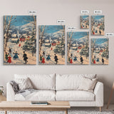 Ice Skating in The Streets on Christmas Morning Framed Canvas Print - Retro Christmas Village Wall Art - Christmas Above Mantle Centerpiece Art