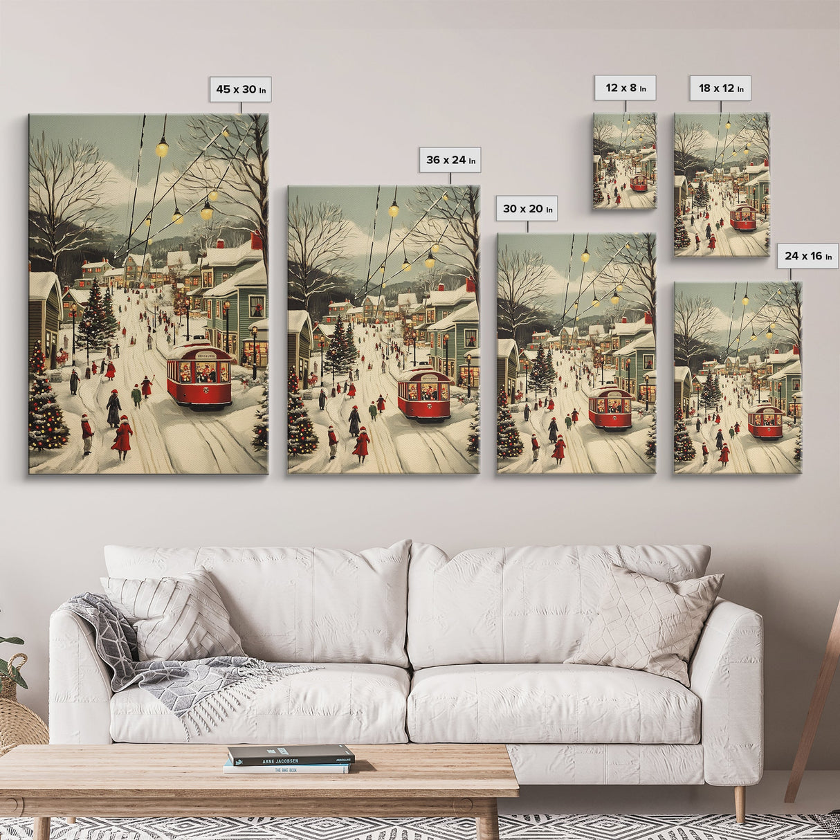Vintage Christmas Trolley Painting Print, Framed Canvas Art, Christmas Village Wall Art