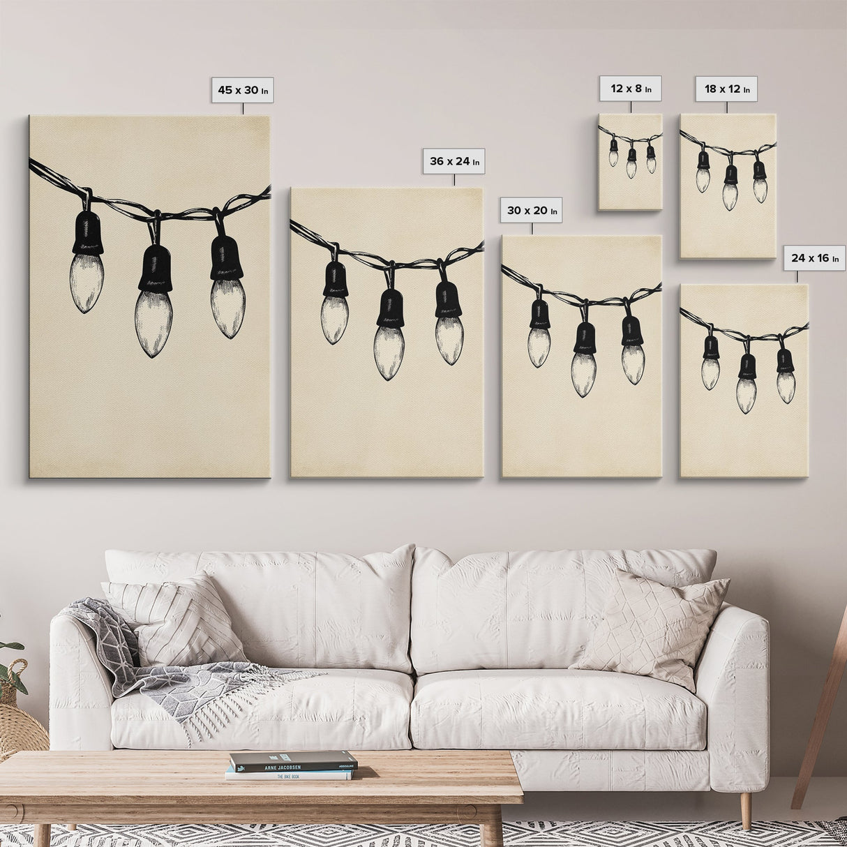 Black and White Sketch of Christmas Lights Canvas Print - Framed Canvas - Minimalist Christmas Art - Boho Christmas Art - Rustic Christmas Art