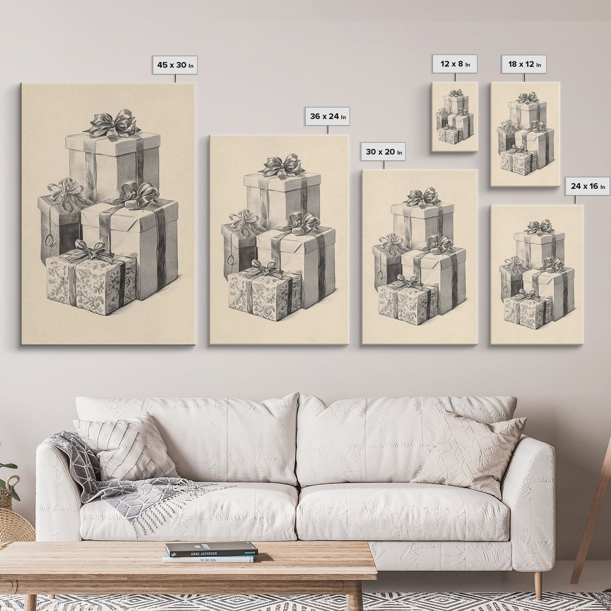 Drawing of Christmas Gifts Canvas Print - Framed Canvas - Minimalist Christmas Art - Boho Christmas Art - Rustic Christmas Art