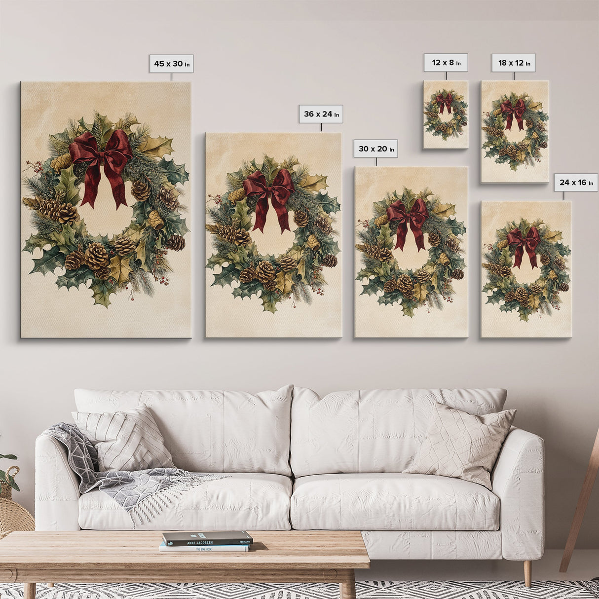 Vintage Christmas Wreath Canvas Print - Framed Canvas - Minimalist Christmas Art - Boho Christmas Art - Rustic Christmas Art