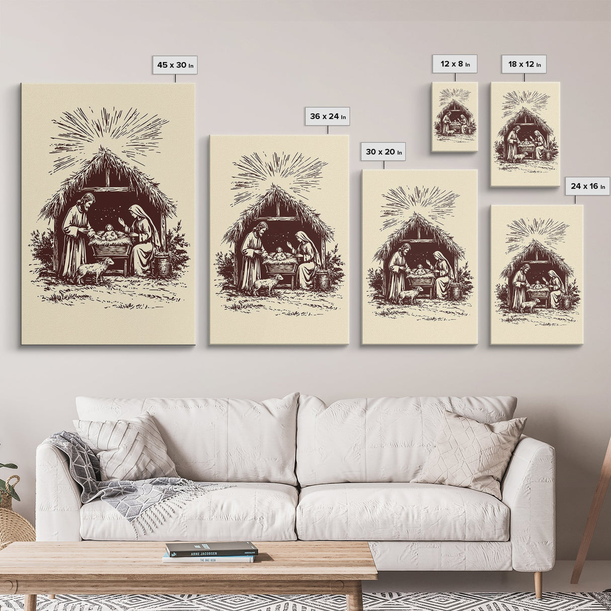 Retro Nativity Scene Canvas Print - Framed Canvas - Minimalist Christmas Art - Boho Christmas Art - Rustic Christmas Art