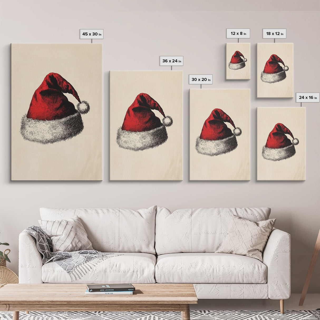 Retro Santa Hat Sketch Canvas Print - Framed Canvas - Minimalist Christmas Art - Boho Christmas Art - Rustic Christmas Art