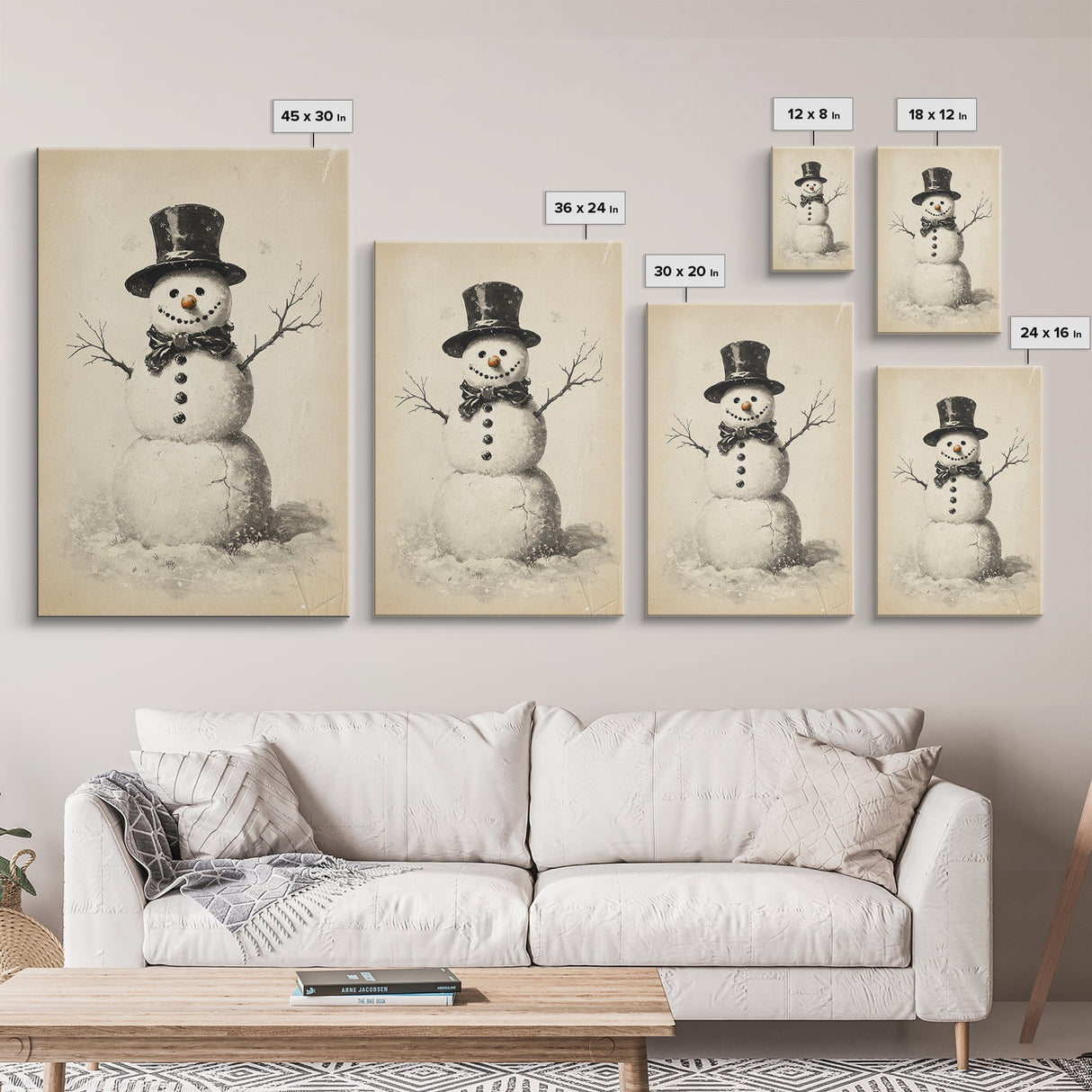 Retro Snowman Canvas Print - Framed Canvas - Minimalist Christmas Art - Boho Christmas Art - Rustic Christmas Art