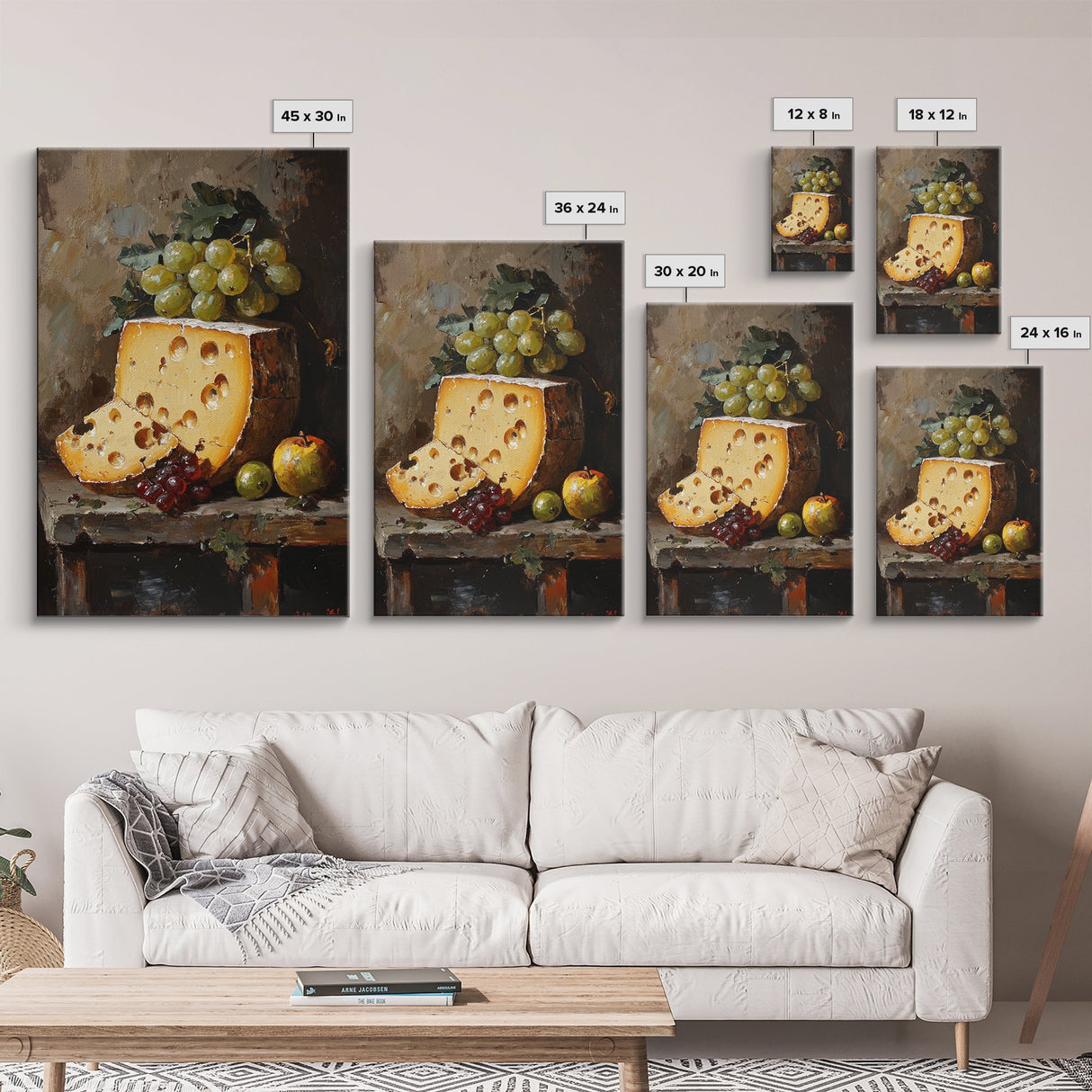 Vintage Still Life of Cheese Canvas Print, Retro Kitchen Wall Art, Cheese Painting, Dining Room Wall Art