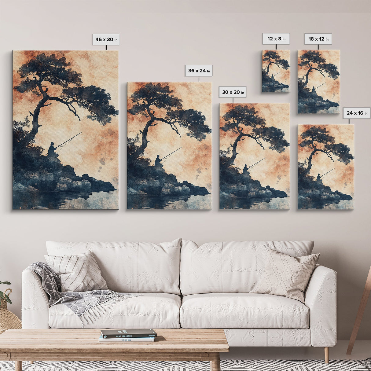Japanese Fisherman Under a Bonzai Tree, Wabi Sabi Minimalist Decoe, Framed Canvas Print, Fishing Art, Fisherman Gift