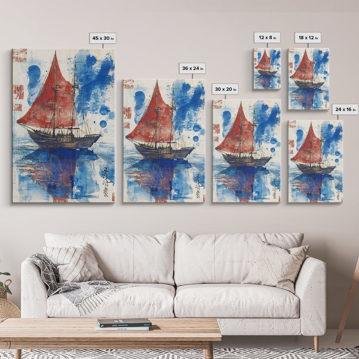 Japanese Sail Boat Watercolor Painting Print, Wood Framed Canvas Print, Wabi Sabi Nautical Wall Art, Lake House Art
