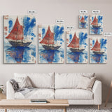 Japanese Sail Boat Watercolor Painting Print, Wood Framed Canvas Print, Wabi Sabi Nautical Wall Art, Lake House Art